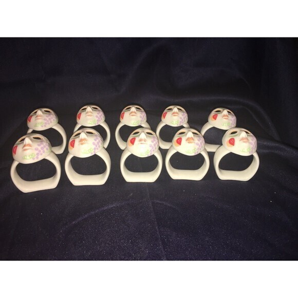 10 Ceramic AUDREY NAPKIN RING HOLDERS FACE MASK Floral‎ Marzi Gras - Picture 8 of 10